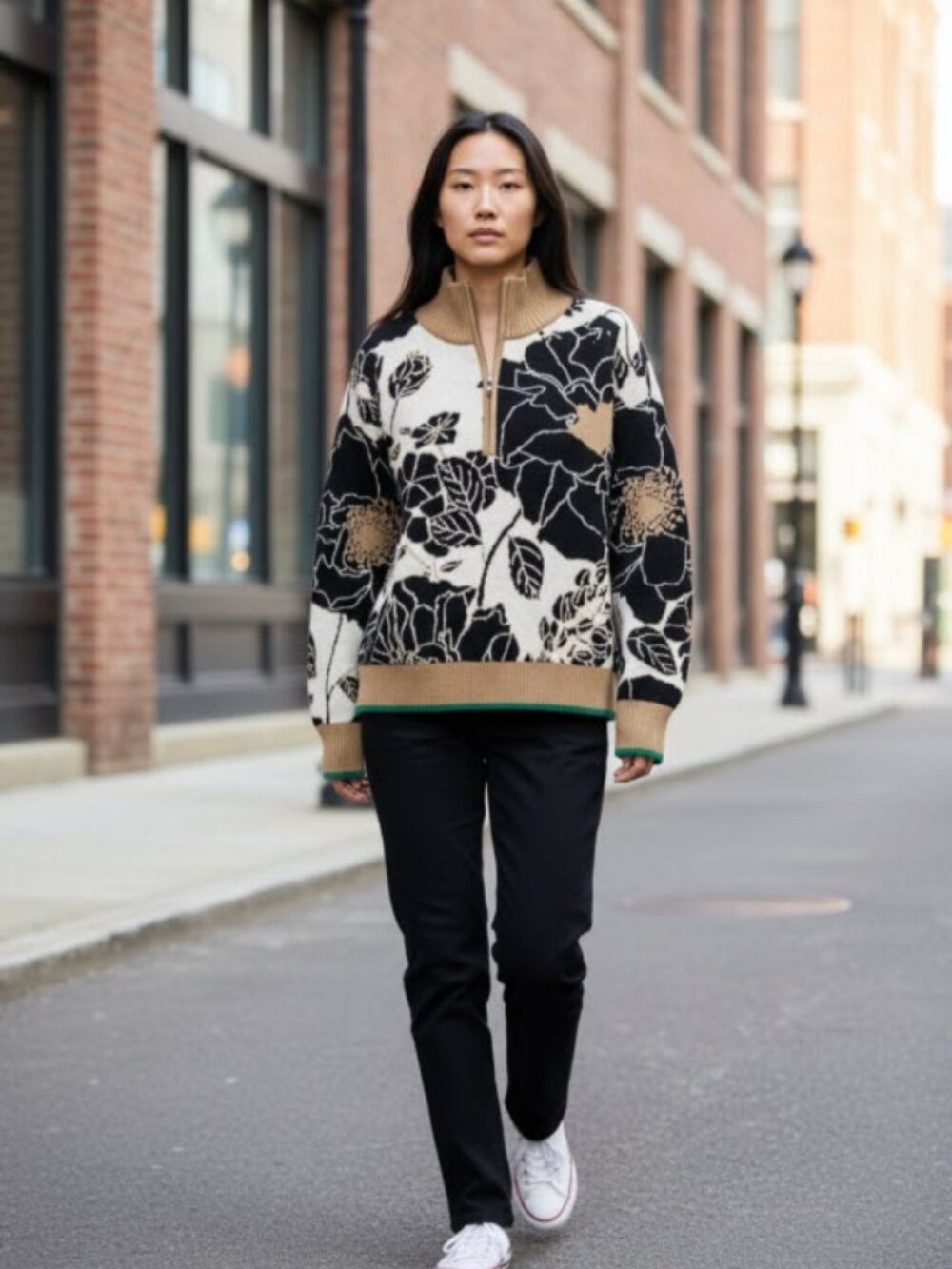 Maeve by Anthropologie Montana Mock-Neck Half-Zip Sweater Floral Print